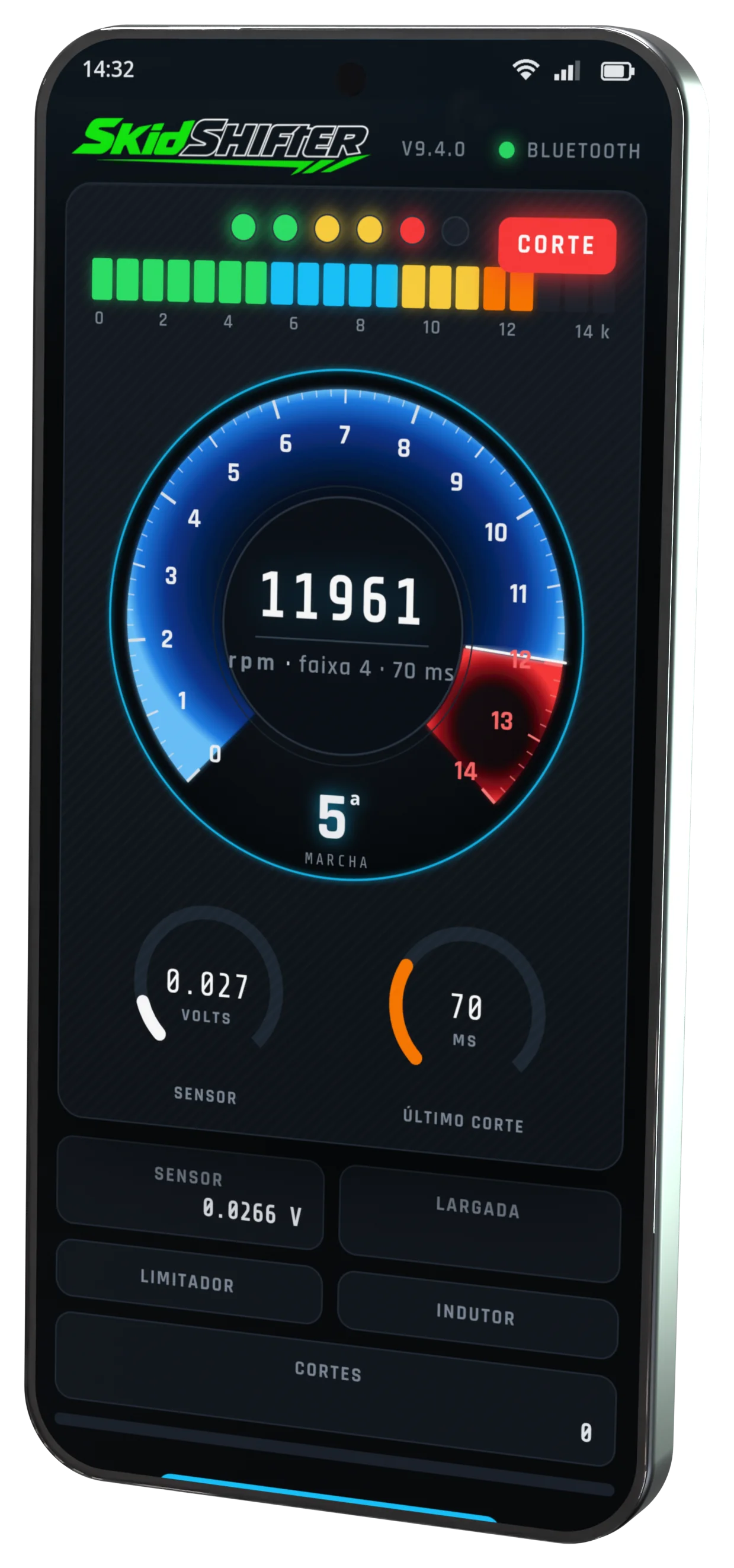 SkidShifter App num celular: conta-giros em 11.961 rpm, quinta marcha e aviso de corte