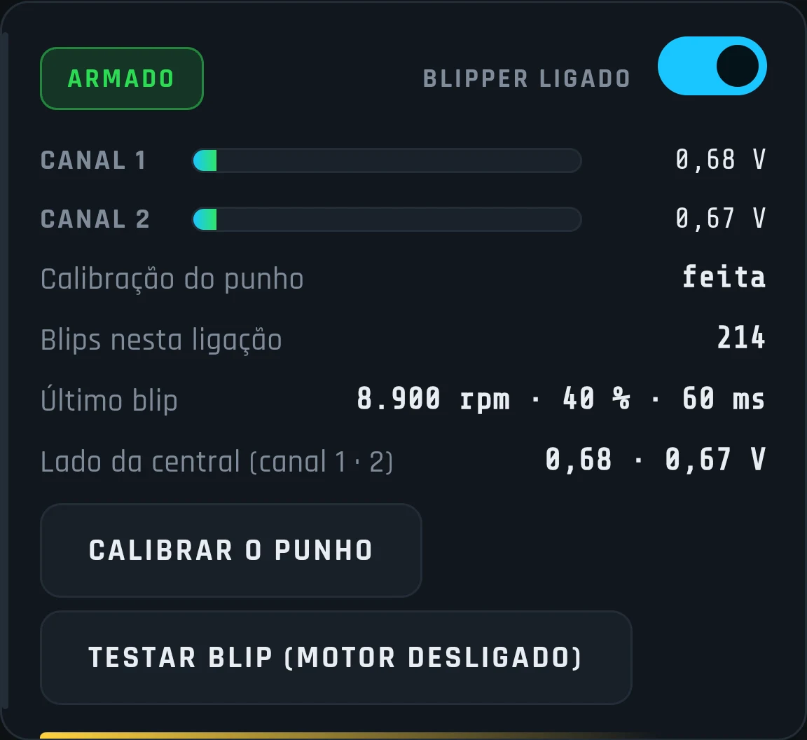 Tela do Blipper no SkidShifter App: blipper armado, os dois canais do punho, calibração feita e o último blip