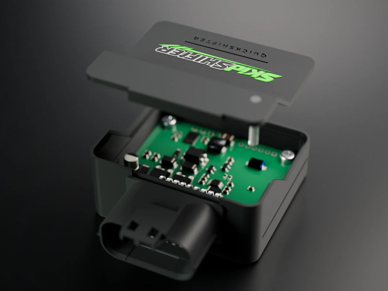 SkidShifter aberto: caixa impressa em plástico preto fosco, tampa com o logo verde e a placa com o conector de 18 vias