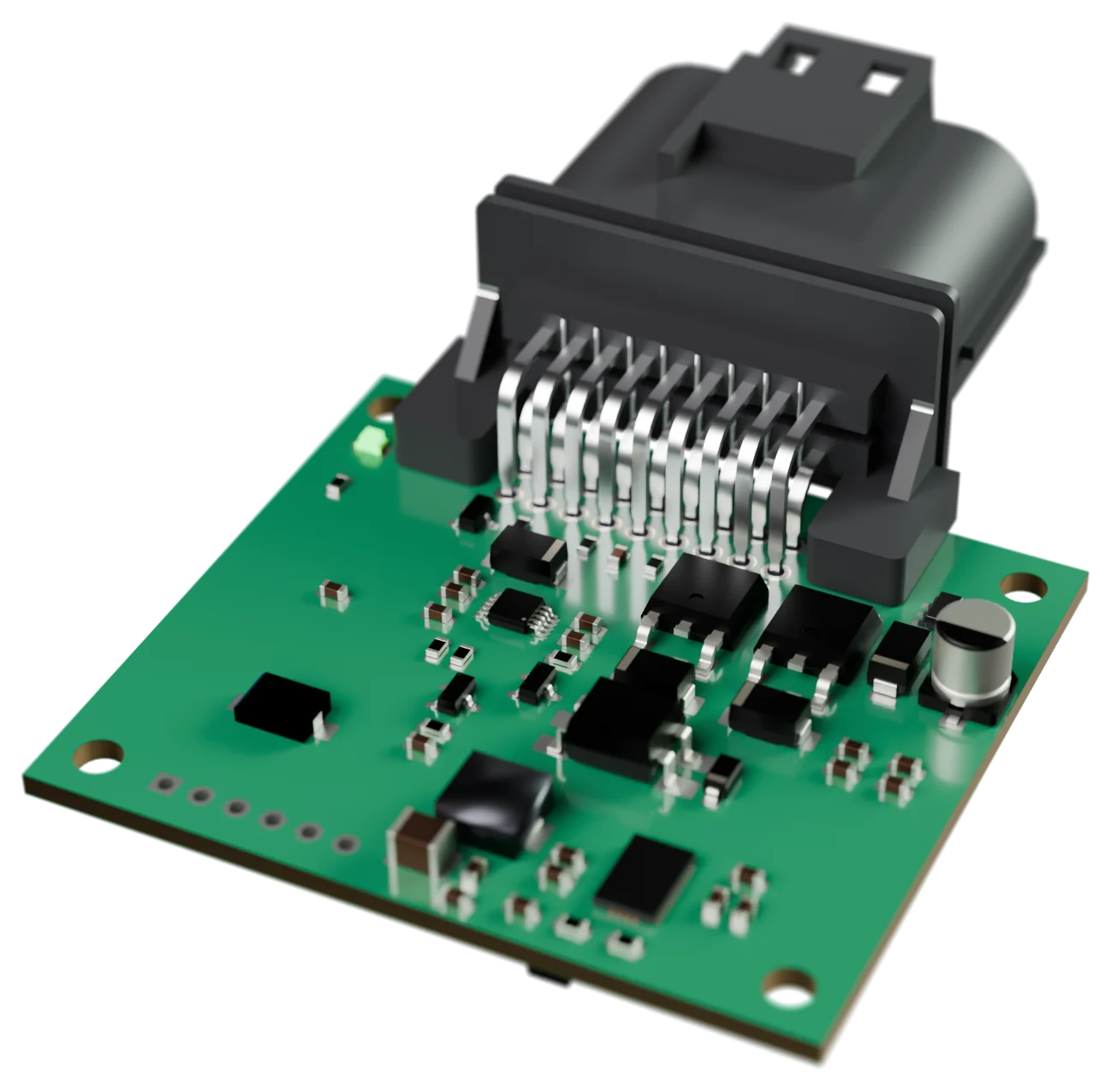 Frente da placa: conector, MOSFETs de corte, fonte e sensores
