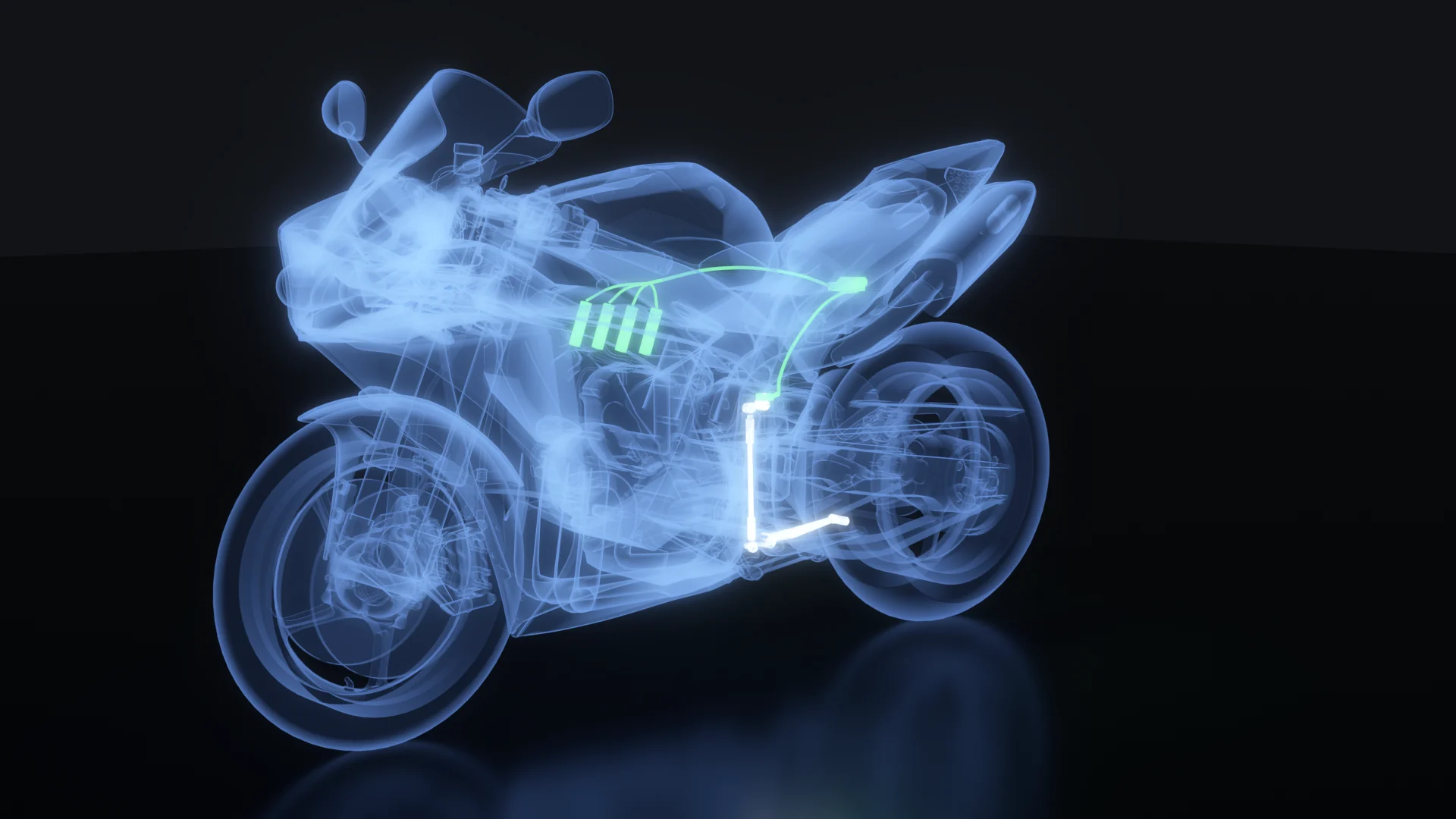 Yamaha R1 em transparência com o sistema SkidShifter aceso em verde: sensor no braço do câmbio, módulo sob o banco e as quatro bobinas, ligados pelo chicote